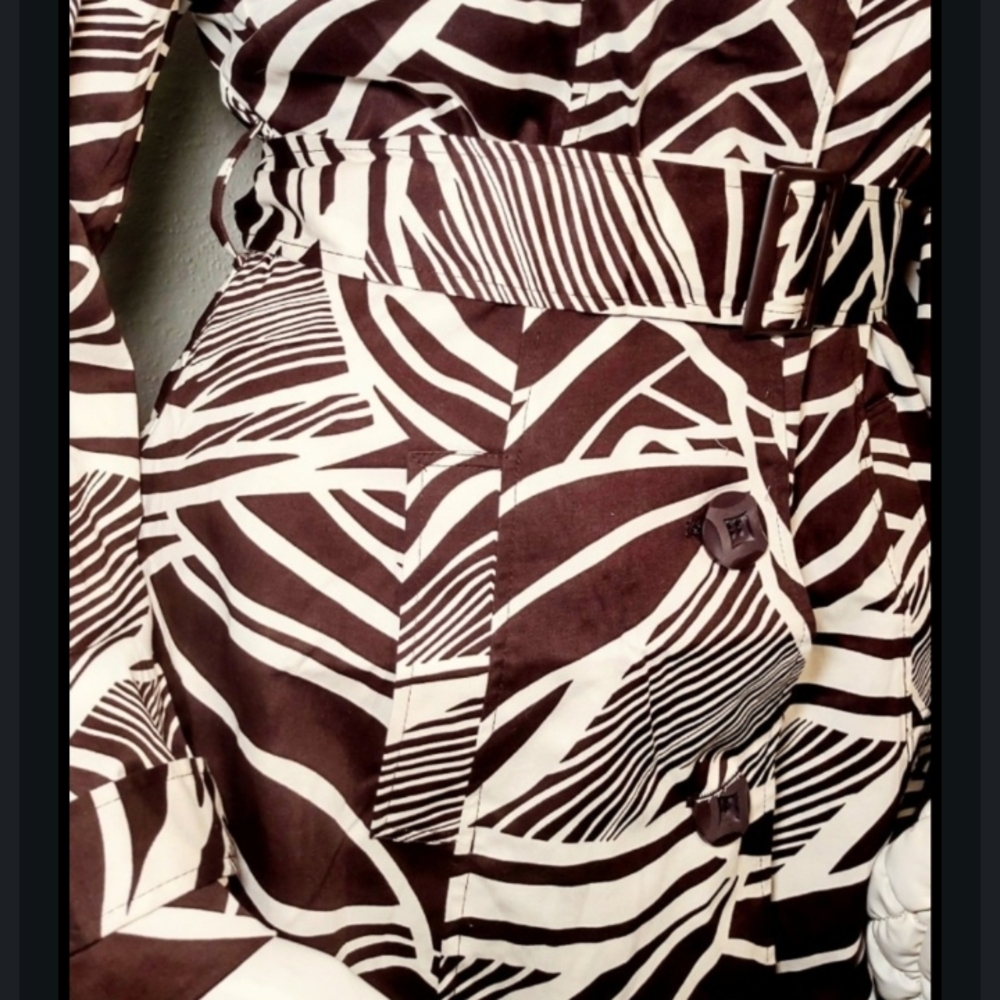 New! Cotton Ashley Stewart Brown Print Trench Jacket And Puffy purse - Picture 7 of 12